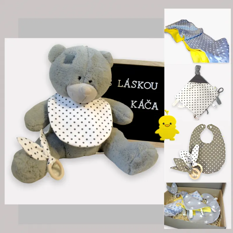 Novorodenecký darčekový set - minky deka, podbradník, hryzadlo a montessori mojkáčik